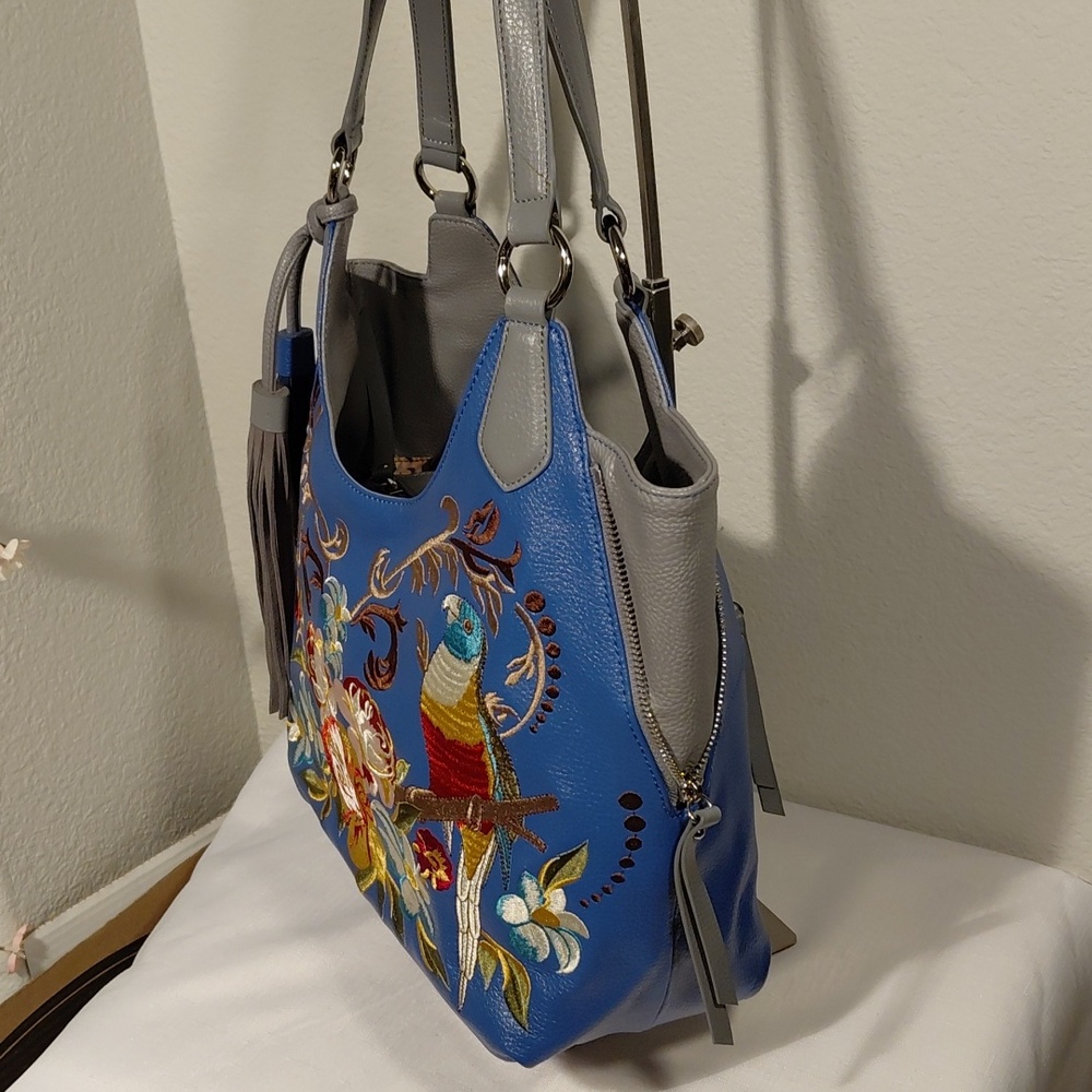 Sharif Blue/Gray Embroidered Parrot Tote - Picture 3 of 7